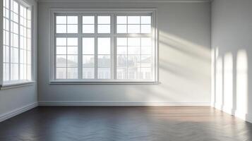 Sunlit minimalist interior featuring large windows, white walls, and dark wood floors creating a bright and inviting atmosphere. photo