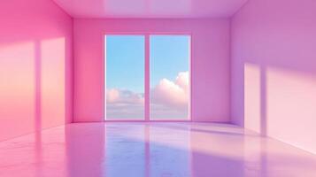 Pink room bathed in sunlight through a window with clouds, minimalist and serene space, inviting calmness and creative inspiration. photo