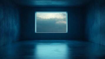 A minimalist space with a glowing window providing a view of cloudy skies, bathed in cool, reflective light. Interior design with view. photo