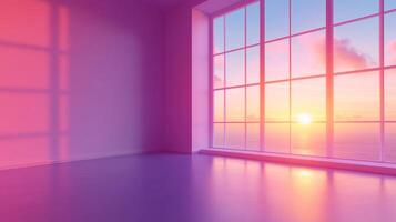 Dreamy sunset view from an empty room, with a window reflecting hues of pink and purple across walls and floor, serene and surreal. photo