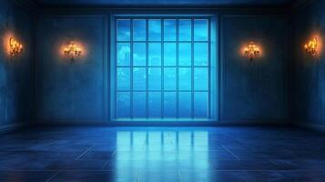 Elegant, dimly lit room with large window displaying cityscape, bathed in tranquil blue hues, offering an air of sophistication and serenity. photo