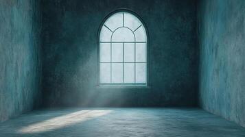 A naturally lit room features a striking arched window allowing light to stream across the textured floor of an empty and atmospheric space. photo