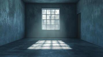 Eerie room with concrete walls and floors. A window allows light to stream through, casting shadows on the floor of the empty space. photo