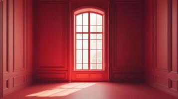 Monochrome room with a large window, bathed in bright light. Rich red walls and floor create a warm, inviting space. photo
