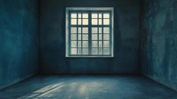Empty room with a bright window, casting light shadows onto the floor, creating a sense of isolation and quiet introspection photo