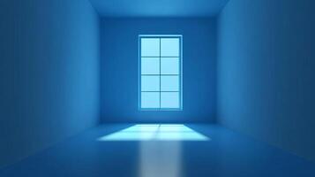 A blue room is bathed in light streaming through a window, creating shadows on the floor. The room feels calm, still, and full of possibility. photo