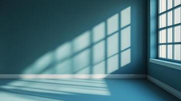A tranquil room scene bathed in soft light streaming through a window, casting geometric shadows on a blue wall and floor, creating serene ambiance. photo