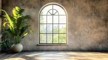 Interior space with a leafy plant in a pot next to an arched window showing a cityscape. Sunny light streams in across a wood floor. photo