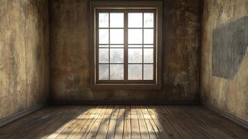 Dilapidated room interior with weathered walls and aged wooden floor illuminated by sunlight streaming through a window. photo