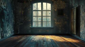 A distressed room with old wooden floors and walls, illuminated by light streaming through a large window, evoking a sense of decay. photo