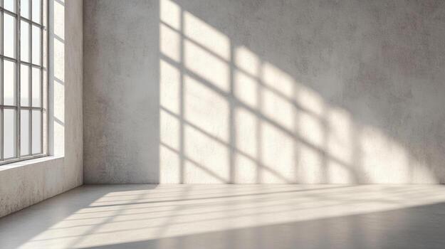 Sunlight streams through a window into a minimalist room, creating geometric patterns on the gray walls and floor. Interior space. photo