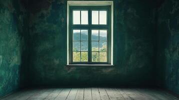 A view through a window of a distressed room, showing distant mountains and forest. Aged and worn, with faded colors and rustic charm. photo