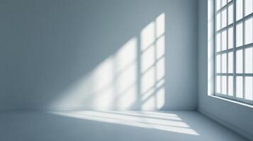 Sunlight streams through a paneled window, casting geometric patterns across a stark white room, creating a minimalist aesthetic. photo