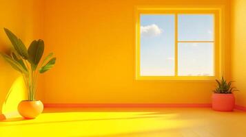 Bright yellow room with plants and a window, flooding with sunlight and promoting warmth and cheer. Minimalist and clean aesthetic. photo