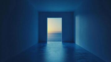 A minimalist blue room opens to an ocean view, creating a serene and contemplative space for peaceful reflection and tranquility. photo