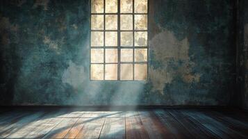 Sunlight streams through a window in a room with a rustic and aged aesthetic, creating a dramatic play of light and shadow across the room photo