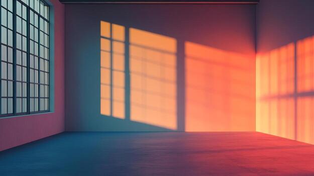 An empty room is filled with warm sunlight streaming through a large window, creating shadows on the walls and floor with pastel hues. photo