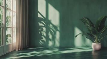 Serene indoor space with natural light casting shadows, complemented by a vibrant plant and earthy tones. Peaceful and inviting atmosphere. photo