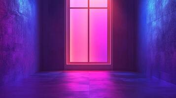 Illuminated window in an empty room with purple and pink hues creating a surreal and atmospheric space, blending light and shadow. photo