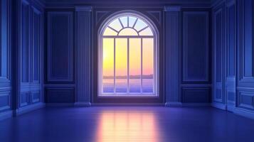 An arched window frames a seascape at sunset, bathing the room in warm light. The blue walls offer a striking contrast to the warm colors. photo