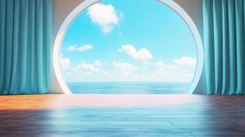 A round window frames a tranquil ocean view with curtains, creating a serene indoor-outdoor connection with a polished wooden floor. photo