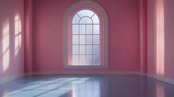 Minimalist pink room with a large arched window casting light patterns across the shiny blue floor, creating a serene and airy atmosphere. photo