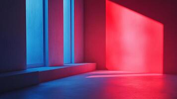 Minimalist room with striking blue and red lighting creating a modern, abstract, and colorful architectural design. photo
