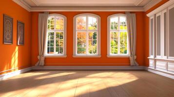 Sunlit room with vibrant orange walls, classic architectural details, and inviting window views of autumn trees in a bright interior space. photo