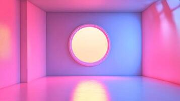 Abstract room with vibrant lighting and circular accent. Contemporary design evoking minimalist aesthetics and atmospheric color play. photo