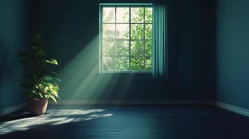 Sunlight streams through a window onto the floor, illuminating a plant. An inviting view from the window with lush green foliage. photo
