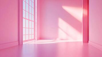 Pink room with sunlit window. Serene, minimalist space floods with light. Perfect for contemplation or creative inspiration in soft hue. photo