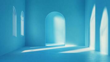 A serene, azure-hued space where light streams through arched openings, creating a tranquil and dreamlike atmosphere in a minimalist setting. photo