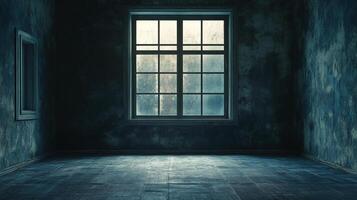 An empty, aged room featuring a large window and bare wooden floors, creating an eerie ambiance with its dilapidated walls and muted tones. photo