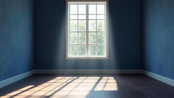 Sunlight streams through a window into an empty blue room, creating a grid-like pattern on the floor. Serene and minimalist scene. photo