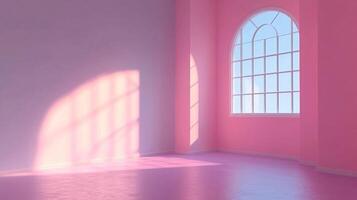Pastel pink room with arched window and sunlight casting shadows, creating a serene and minimalist aesthetic. Dreamy indoor space. photo