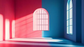 A minimalist composition featuring windows that bathe a bi-color room in light, creating a serene and abstract architectural study. photo