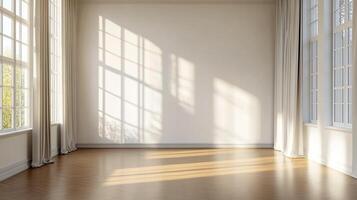 Sunlit room with bare walls and wood floors is ready for design. Windows illuminate this minimalist architectural space with natural light. photo