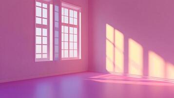 Dreamy light and shadow interplay in this purple minimalist room. A serene scene with natural light casting geometric shapes. photo