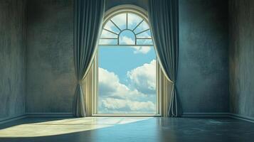 Empty room with a big window looking out to a cloudy sky, curtains framing the view, light streaming in. photo