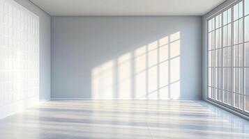 Bright, empty room with large windows casting shadows. The space is clean, modern, and filled with natural light, showcasing architectural simplicity. photo