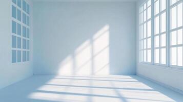 Minimalist empty interior space with natural light casting shadows through windows, creating a bright and serene atmosphere. Space for imagination. photo