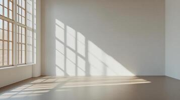 Sunlight streams through a window in a bright, empty room, casting shadows across the floor and walls. A serene and minimalist space. photo
