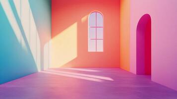 An interior space showcasing geometric forms, arched doorways, and radiant light casting unique shadows in a minimalist setting. photo