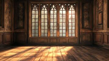 Sunlit room with large window, classic wooden wall panels, and sunbeams across the floor evoke warmth and light. Interior design. photo