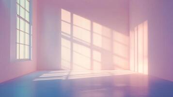 Sunlight streams through a window into a soft violet room, creating striking patterns and a serene, inviting atmosphere for contemplation. photo