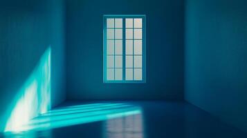 Sunlight streams through a window in a blue room, illuminating the space with a serene and contemplative atmosphere of quiet. photo