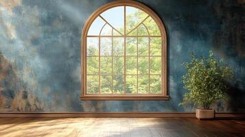 Arched window framing lush greenery, bathed in sunlight. A tranquil indoor scene enhanced by a potted plant and textured wall. photo
