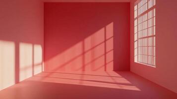 A peach-colored room with natural light creates soft shadows, highlighting its simplicity and spaciousness. A tranquil and inviting space. photo