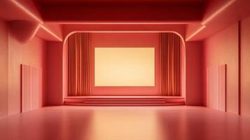A salmon-toned, symmetrical auditorium featuring a blank projection screen, elegant curtains, and a raised stage in a modern, minimalist design. photo