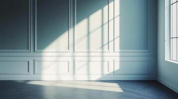 Sunlight streams into an empty room with paneled walls. The scene is illuminated by natural light for a calming and minimal effect. photo
